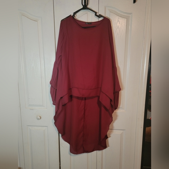 Tops - PRETTY GARDEN Burgundy Asymmetrical High-Low Puffer Sleeve Top